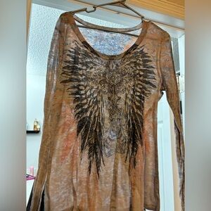Maurices Brown Tan Graphic Long Sleeve Blouse